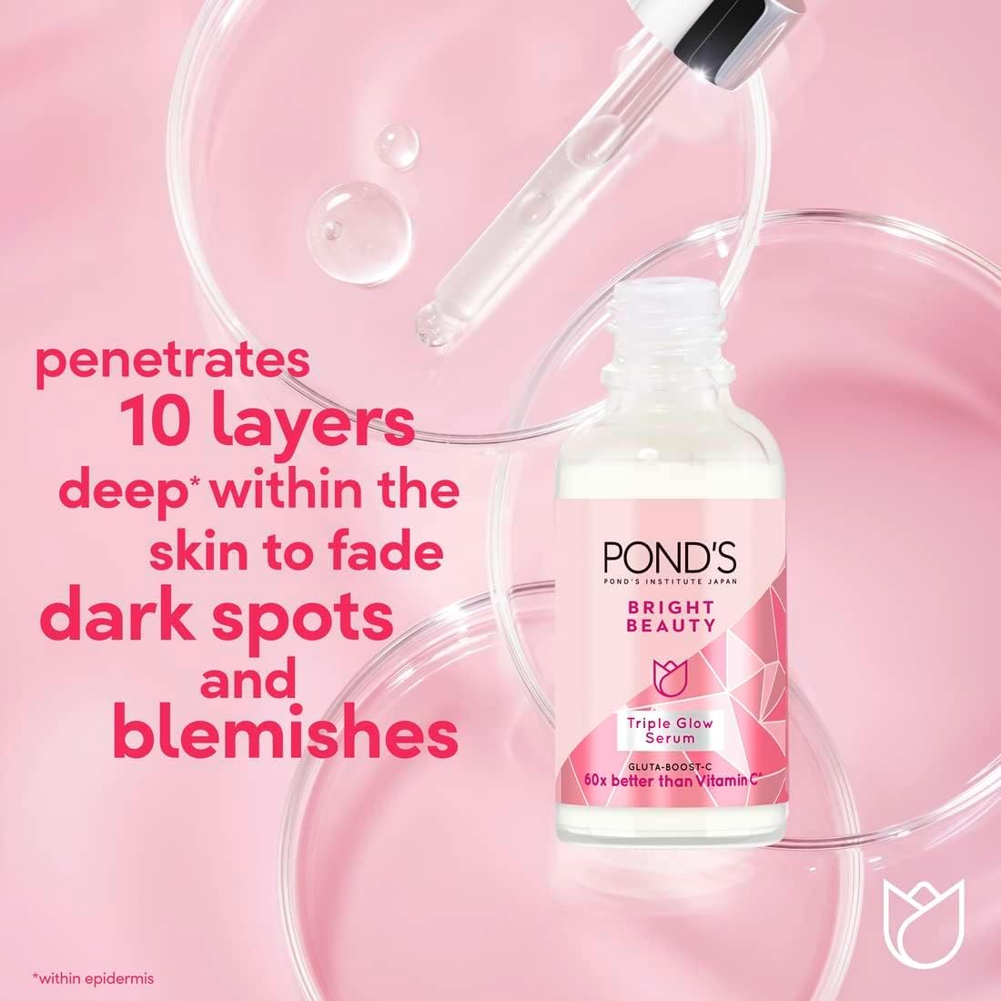 Ponds Bright Beauty Face Serum Brightens, Smoothens  Hydrates, Triple Glow Moisturizer with Niacinamide (Vitamin B3), Hyaluronic Acid and Gluta-Boost-C, 30g